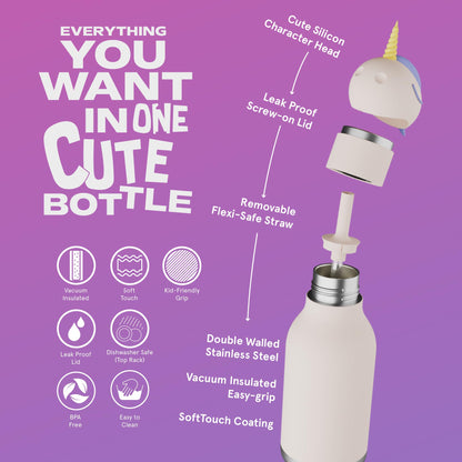 Bestie Bottle Botella de Agua Aislada de Acero Inoxidable con Cabeza de Animal Suave