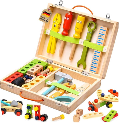 TOYARTSY Juego de caja de herramientas de madera y accesorios