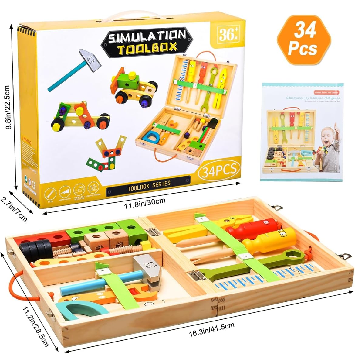 TOYARTSY Juego de caja de herramientas de madera y accesorios