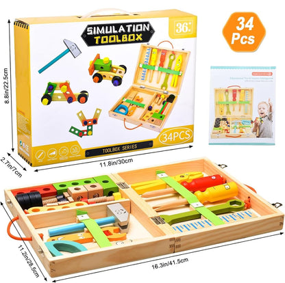 TOYARTSY Juego de caja de herramientas de madera y accesorios