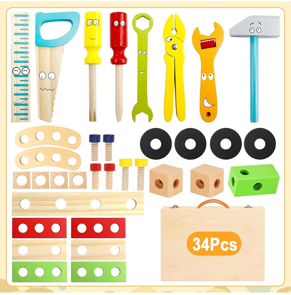 TOYARTSY Juego de caja de herramientas de madera y accesorios