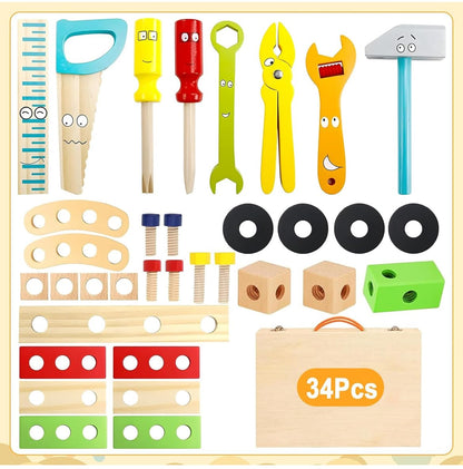 TOYARTSY Juego de caja de herramientas de madera y accesorios