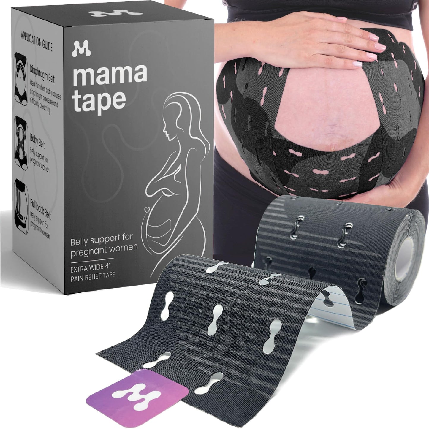 Mama Tape - Soporte de vientre para embarazo, alivio del dolor pélvico y de espalda, rollo extra ancho de 4 pulgadas x 16.4 pies de cinta