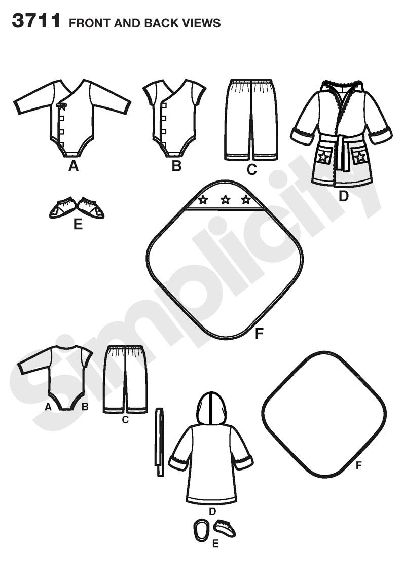 Patrón de costura Simplicity 3711 Bebés separados, A (XXS-XS-S-M-L)