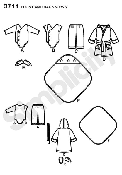 Patrón de costura Simplicity 3711 Bebés separados, A (XXS-XS-S-M-L)