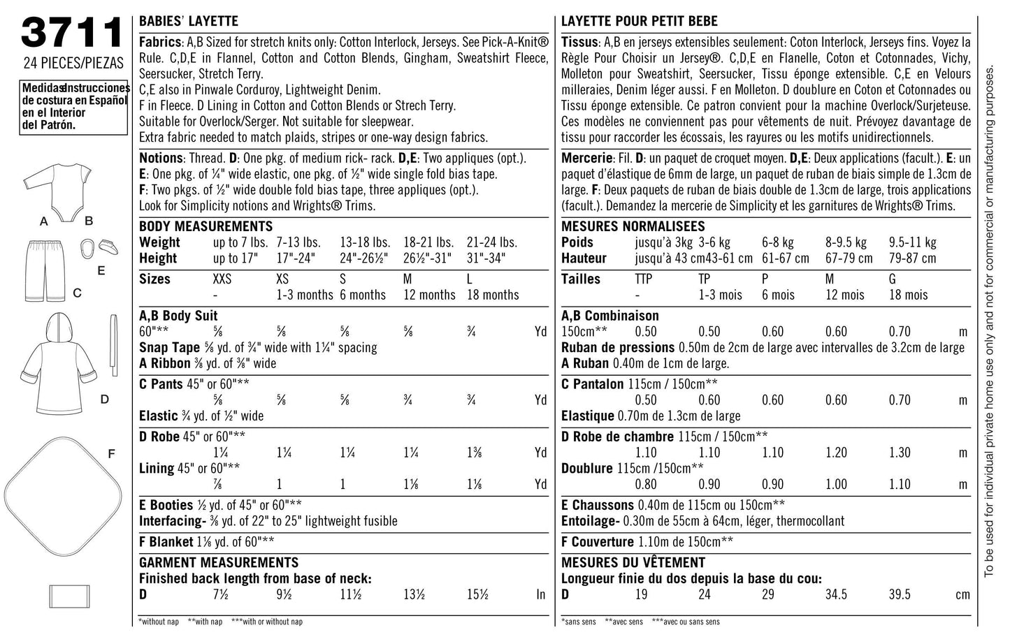 Patrón de costura Simplicity 3711 Bebés separados, A (XXS-XS-S-M-L)