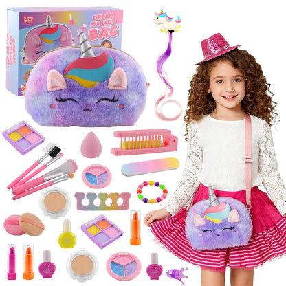 Kit de maquillaje real para niñas de 3 a 11 años, lavable, bolso de unicornio de 9 x 6 pulgadas