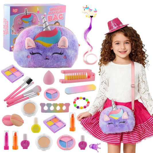 Kit de maquillaje real para niñas de 3 a 11 años, lavable, bolso de unicornio de 9 x 6 pulgadas