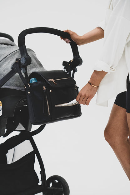 Organizador de cuero vegano prémium para cochecito, mini bolsa de pañales