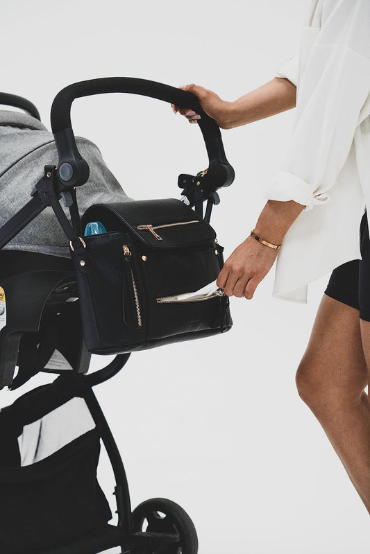 Organizador de cuero vegano prémium para cochecito, mini bolsa de pañales