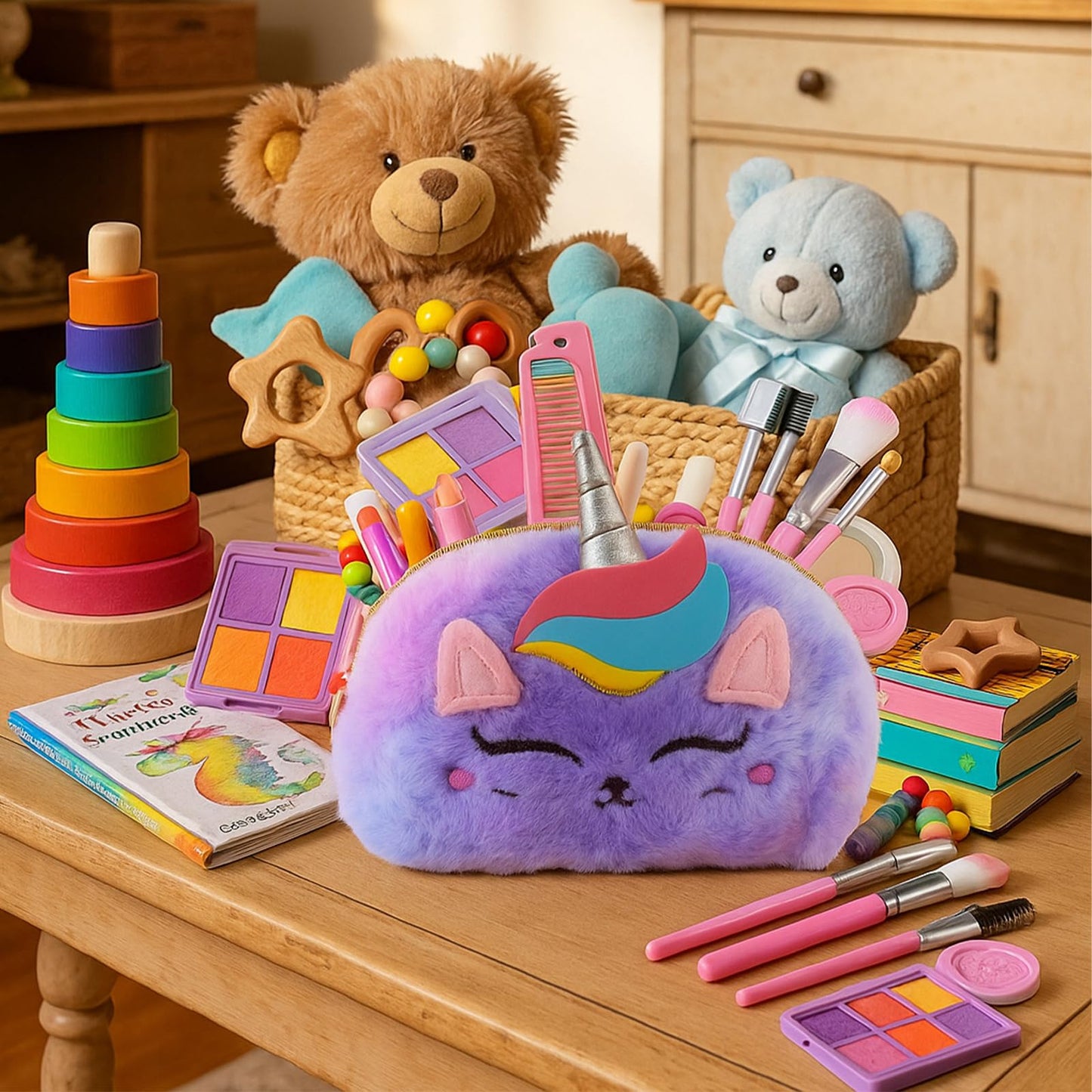 Kit de maquillaje real para niñas de 3 a 11 años, lavable, bolso de unicornio de 9 x 6 pulgadas