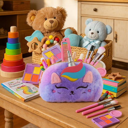 Kit de maquillaje real para niñas de 3 a 11 años, lavable, bolso de unicornio de 9 x 6 pulgadas