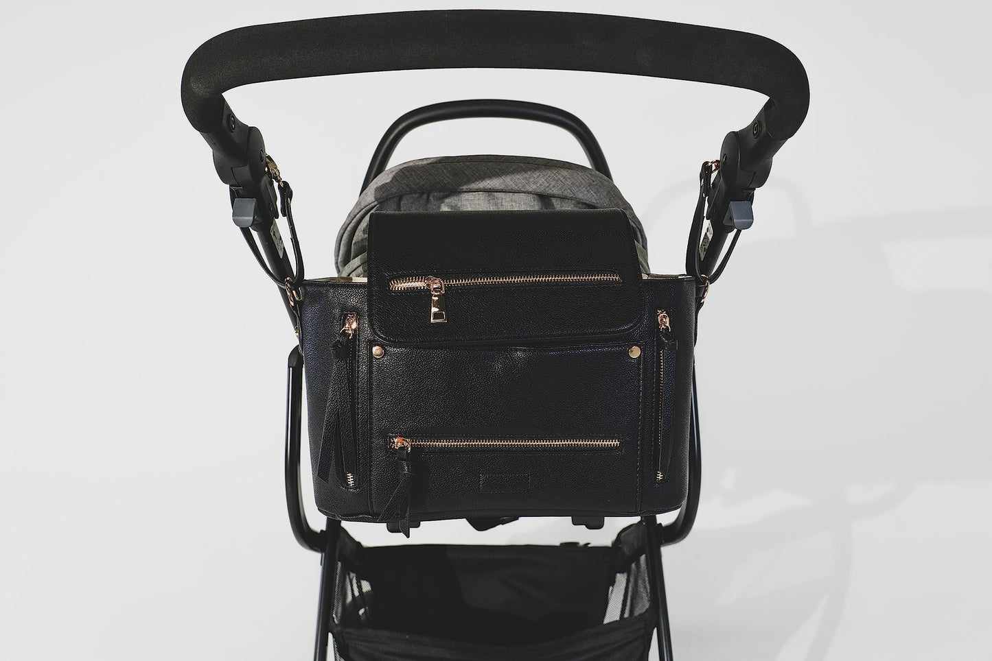 Organizador de cuero vegano prémium para cochecito, mini bolsa de pañales