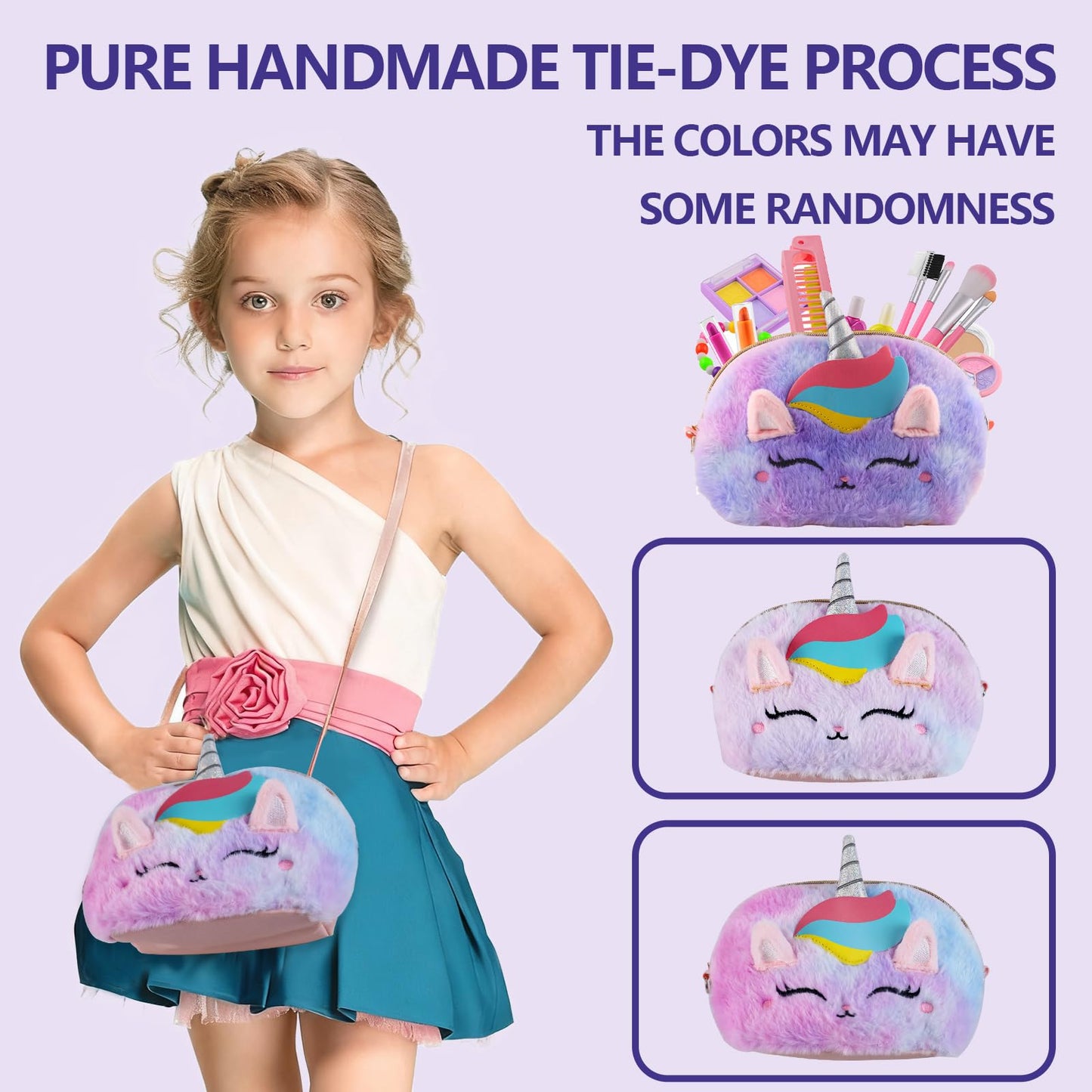 Kit de maquillaje real para niñas de 3 a 11 años, lavable, bolso de unicornio de 9 x 6 pulgadas