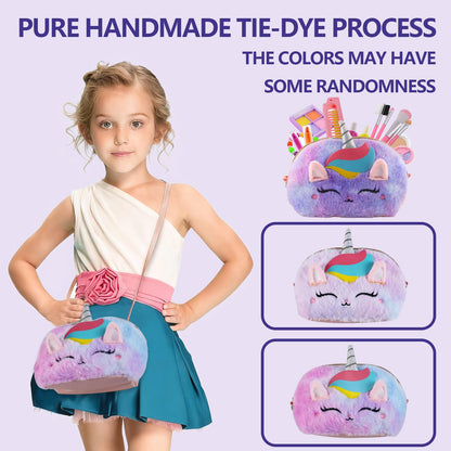 Kit de maquillaje real para niñas de 3 a 11 años, lavable, bolso de unicornio de 9 x 6 pulgadas