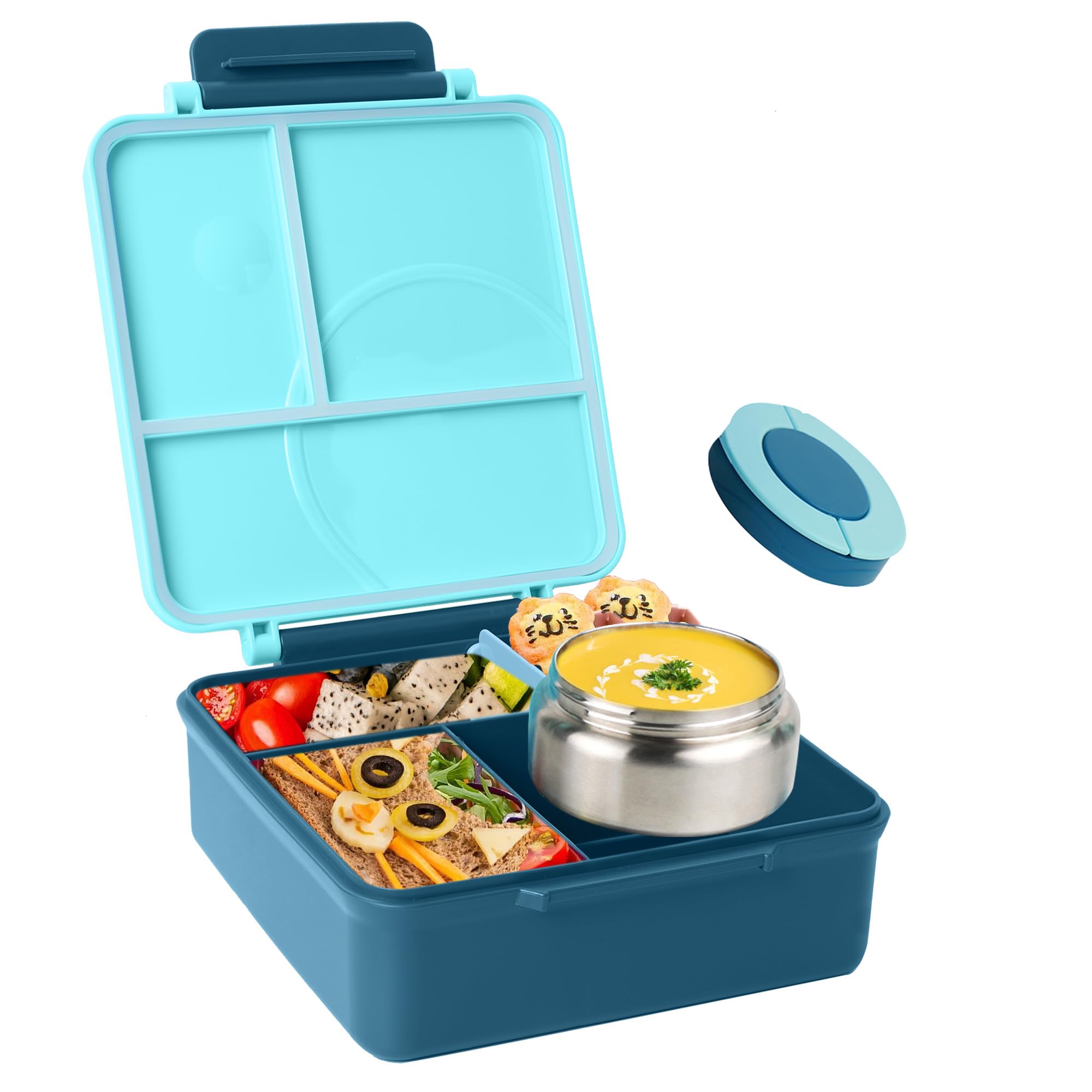 Caja Bento aislada para niños, contenedor de almuerzo a prueba de fugas de 8 onzas, 4 compartimentos