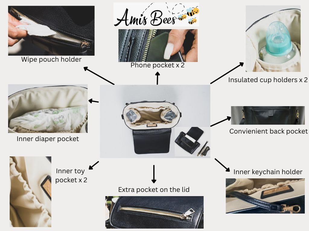 Organizador de cuero vegano prémium para cochecito, mini bolsa de pañales
