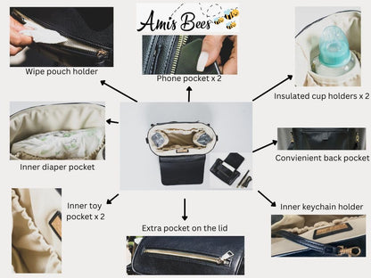 Organizador de cuero vegano prémium para cochecito, mini bolsa de pañales