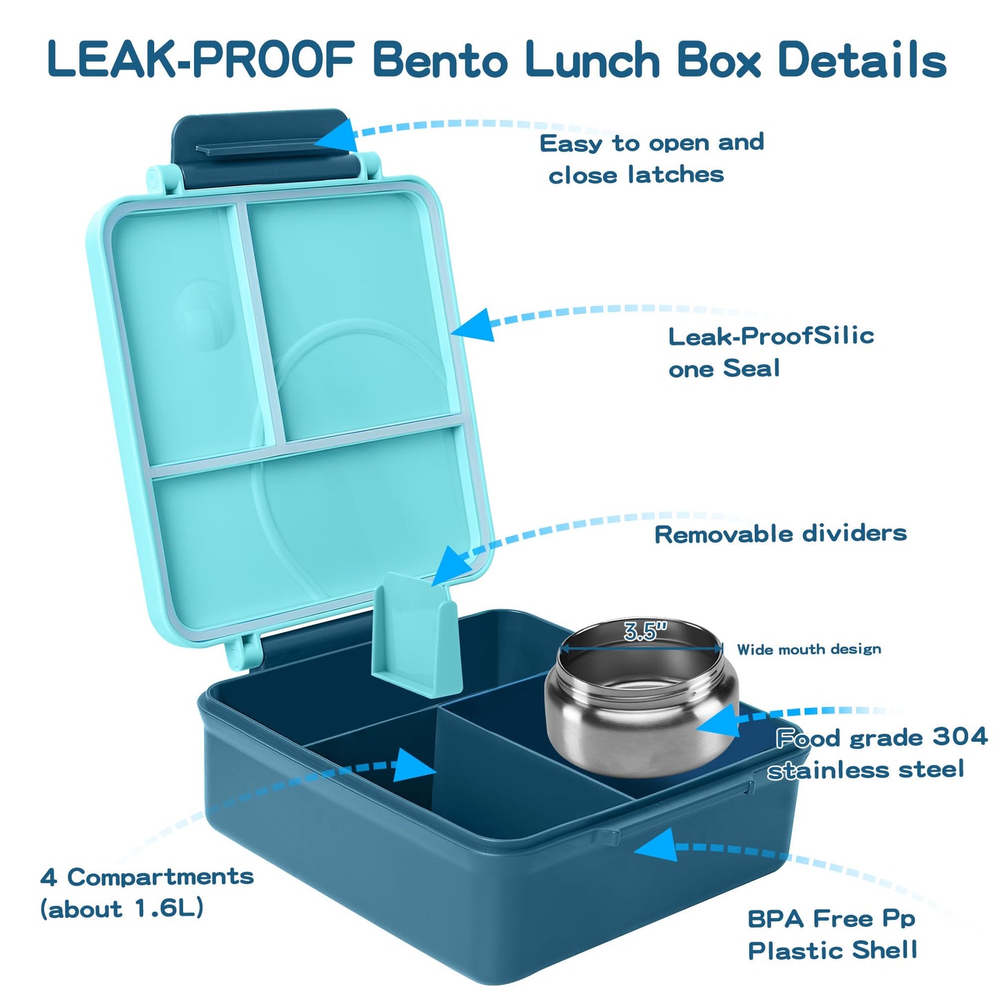 Caja Bento aislada para niños, contenedor de almuerzo a prueba de fugas de 8 onzas, 4 compartimentos