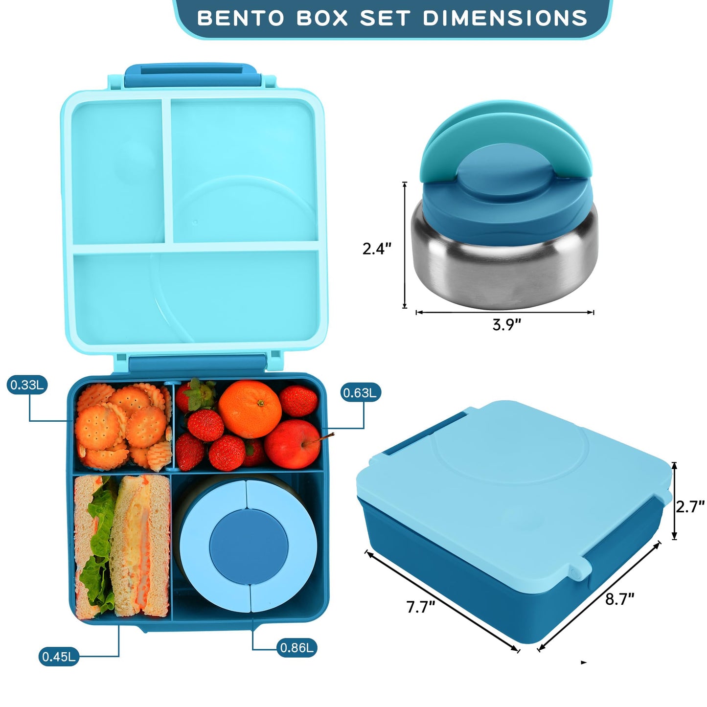 Caja Bento aislada para niños, contenedor de almuerzo a prueba de fugas de 8 onzas, 4 compartimentos
