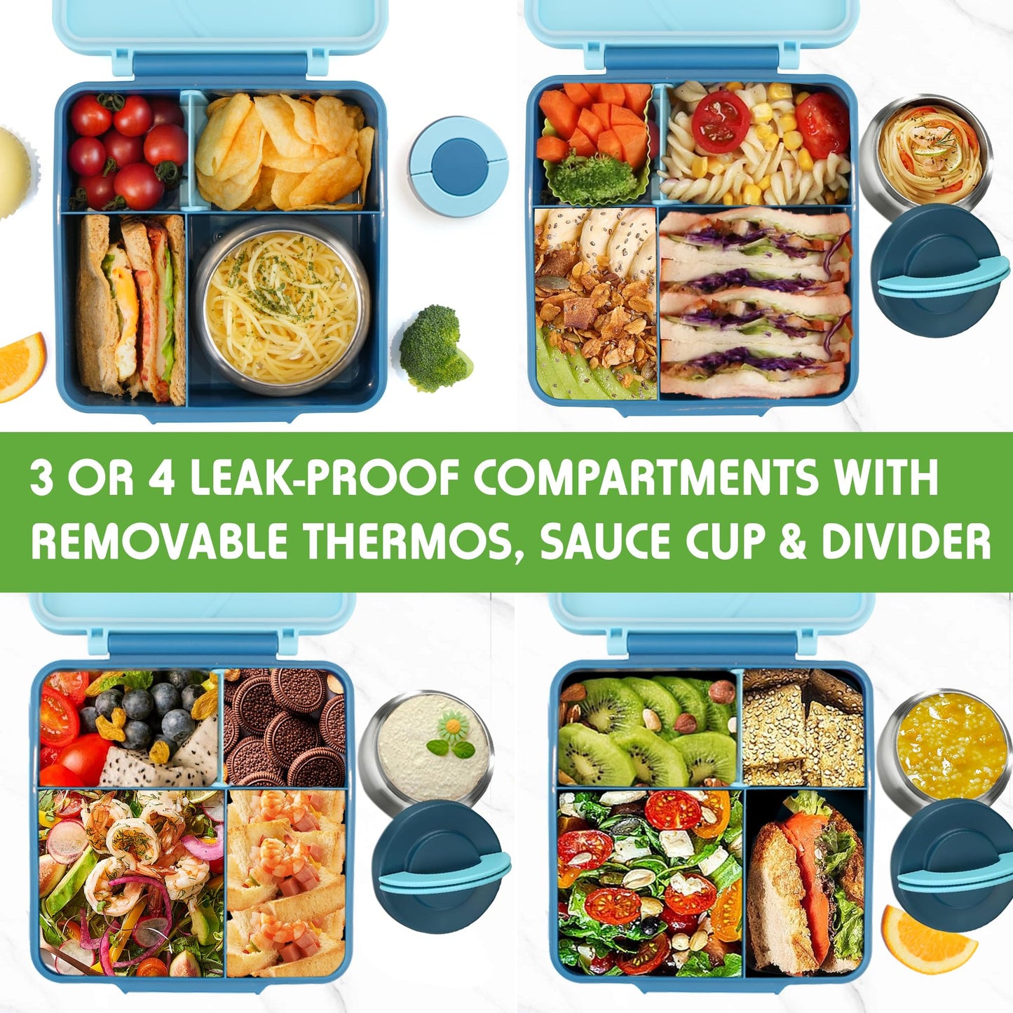Caja Bento aislada para niños, contenedor de almuerzo a prueba de fugas de 8 onzas, 4 compartimentos