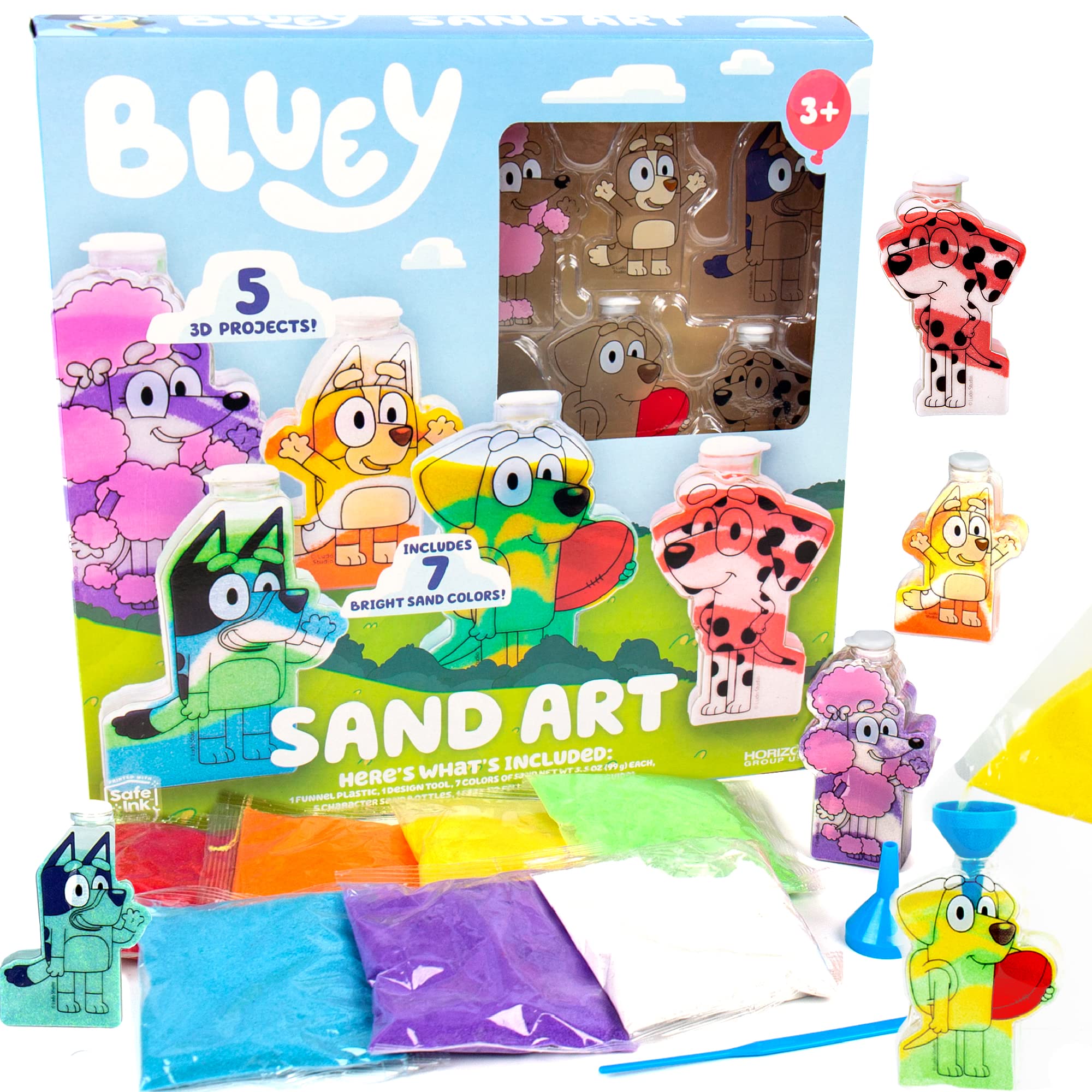 Bluey Sand Art, incluye 5 botellas de arte de arena y 7 arenas de colores