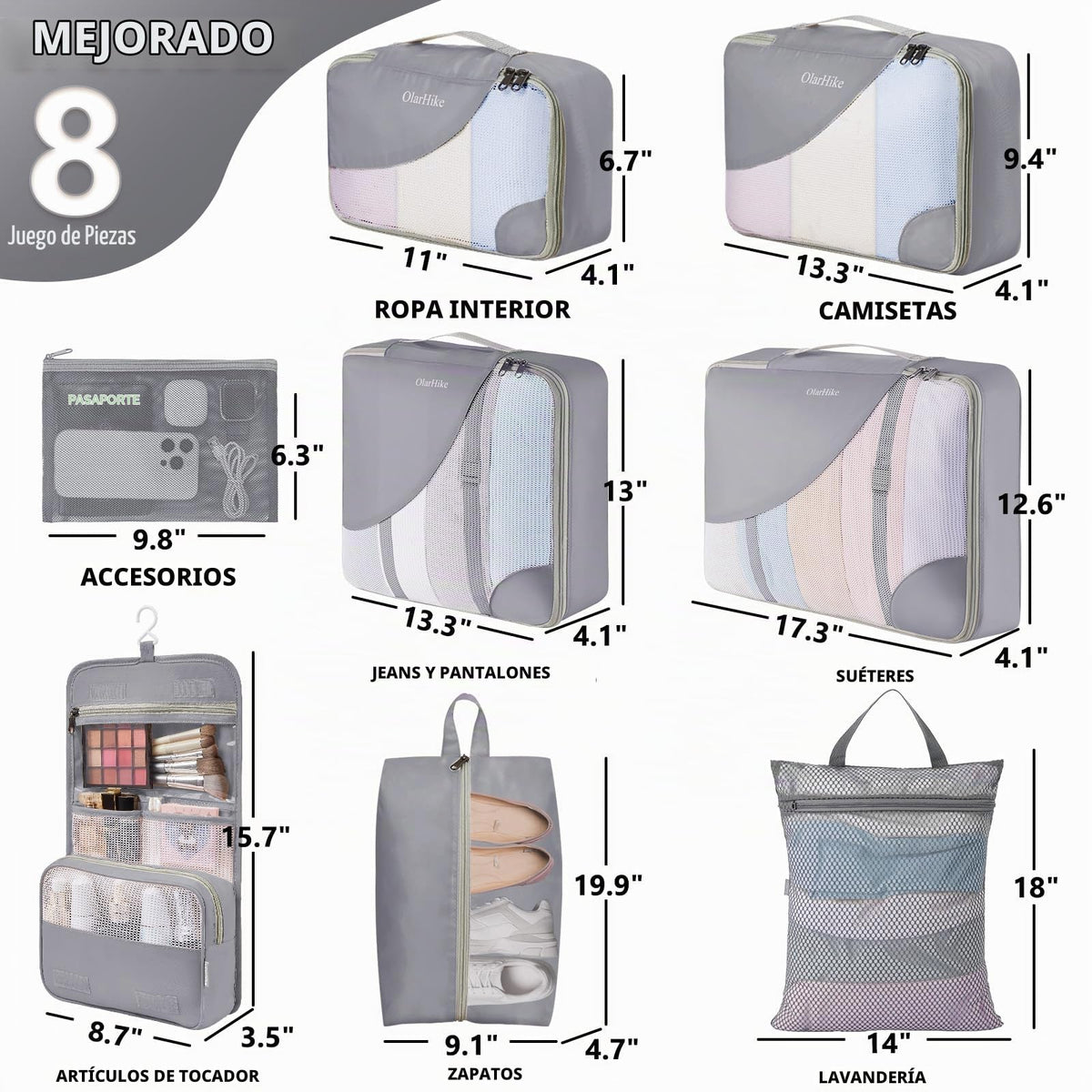Juego de 8 cubos de embalaje para viajes
