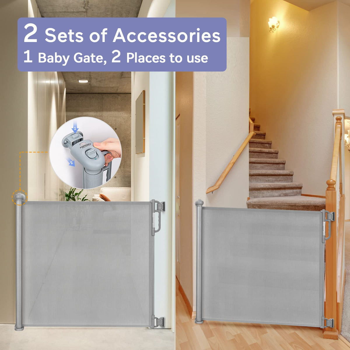 Momcozy - Puerta retráctil para seguridad de bebés y niños, altura de 33 pulgadas, se extiende hasta 55 pulgadas de ancho