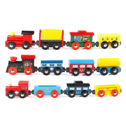 Wondertoys Juego de 12 trenes magnéticos de madera, incluye 3 motores y bolsa de almacenamiento