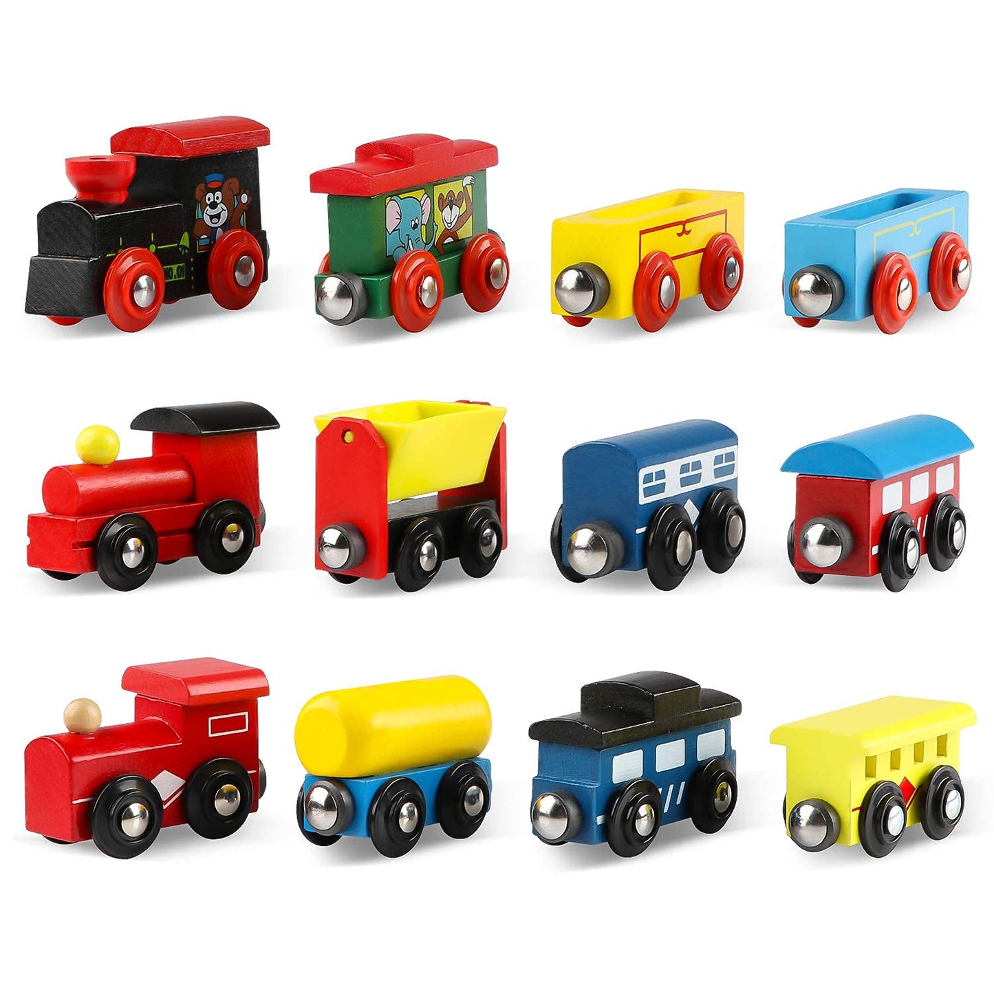Wondertoys Juego de 12 trenes magnéticos de madera, incluye 3 motores y bolsa de almacenamiento