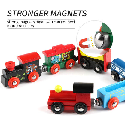 Wondertoys Juego de 12 trenes magnéticos de madera, incluye 3 motores y bolsa de almacenamiento