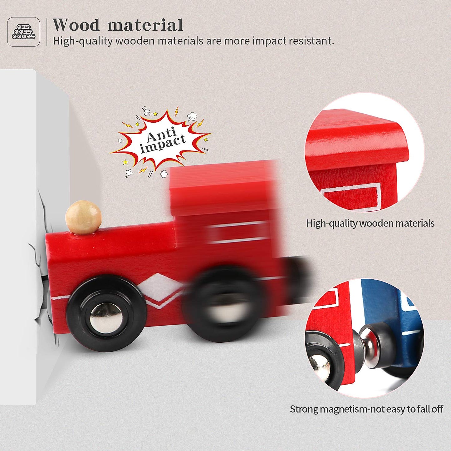 Wondertoys Juego de 12 trenes magnéticos de madera, incluye 3 motores y bolsa de almacenamiento