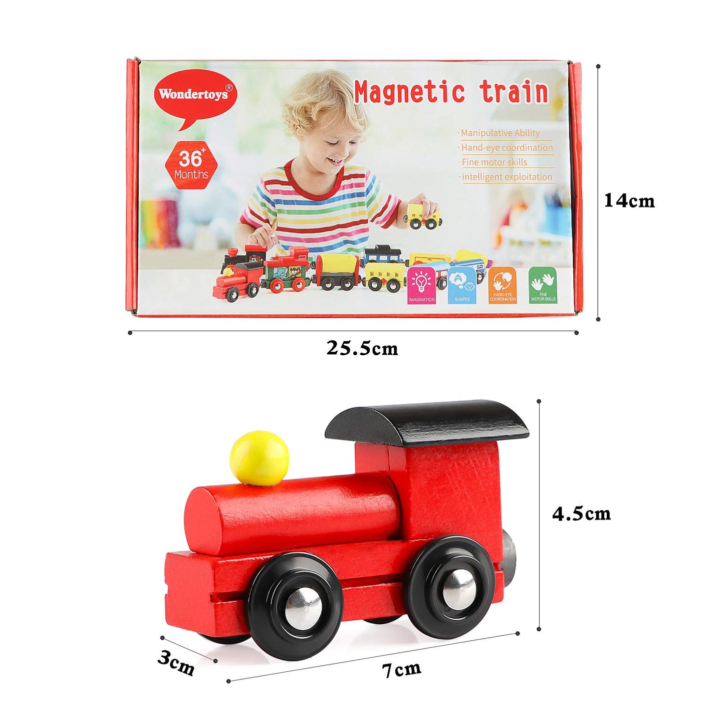 Wondertoys Juego de 12 trenes magnéticos de madera, incluye 3 motores y bolsa de almacenamiento