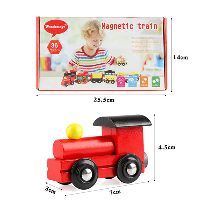 Wondertoys Juego de 12 trenes magnéticos de madera, incluye 3 motores y bolsa de almacenamiento