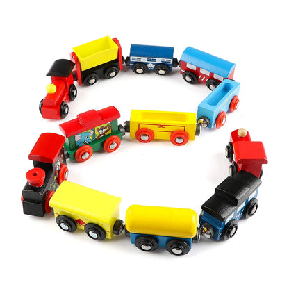 Wondertoys Juego de 12 trenes magnéticos de madera, incluye 3 motores y bolsa de almacenamiento