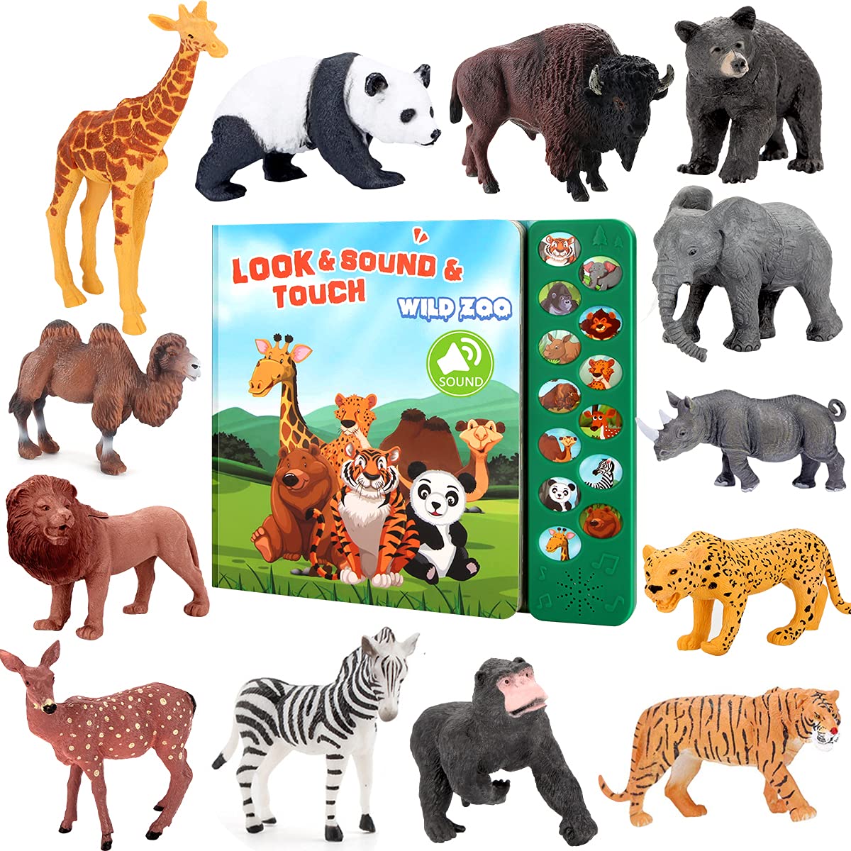 Tudoccy Juguetes de figuras de animales de safari, 13 figuras realistas de animales salvajes y libro de sonido para niños