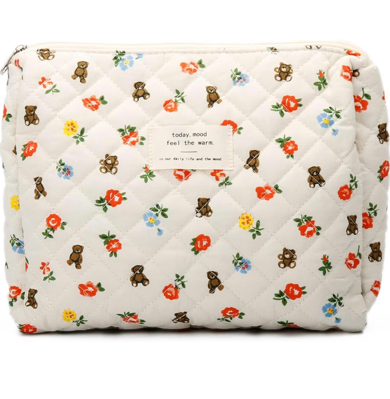 Bolsa de maquillaje de viaje, bolso acolchado para mujer (oso de flores)