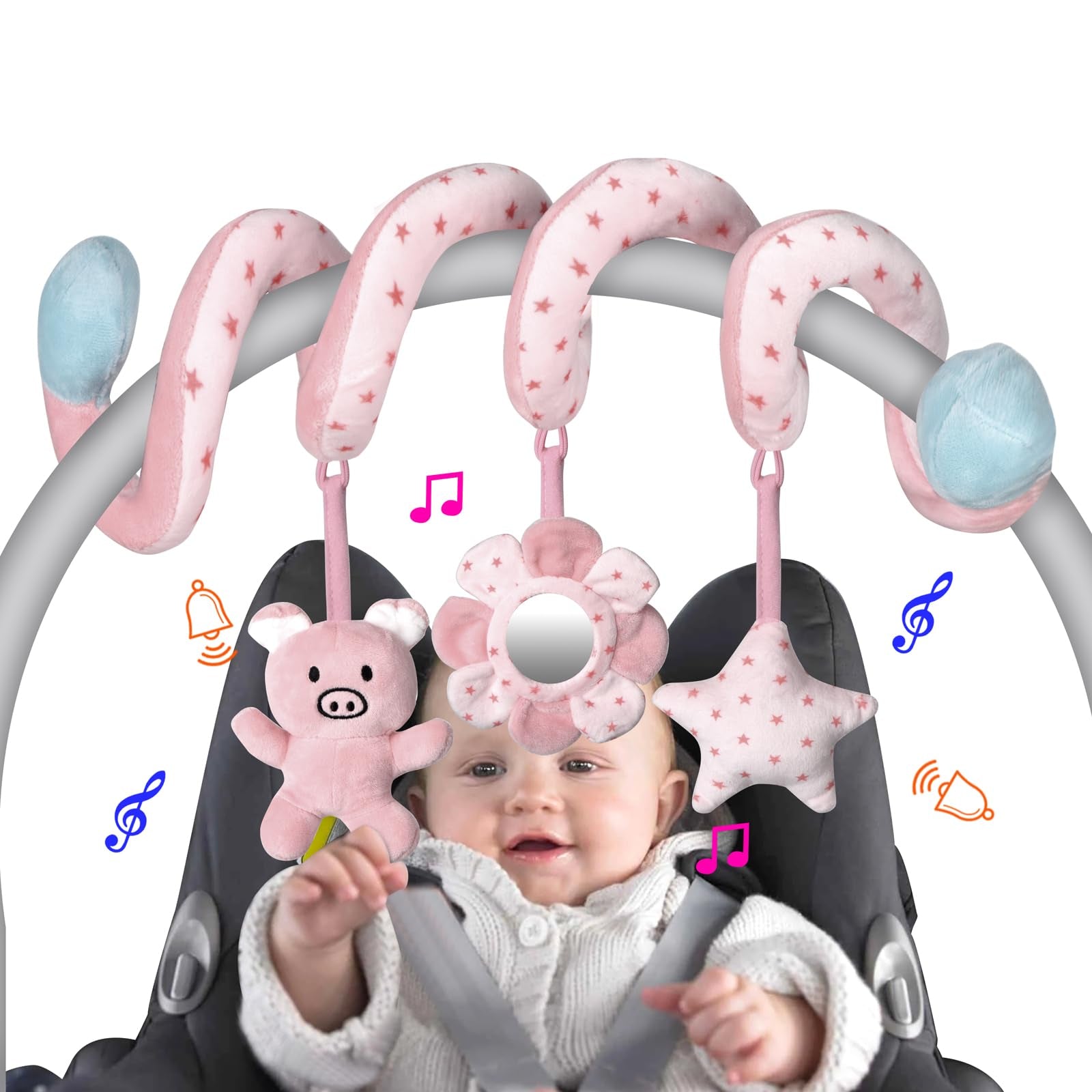 Car Seat Toys, Infant Baby Pink Pig Spiral Activity Hanging Toys