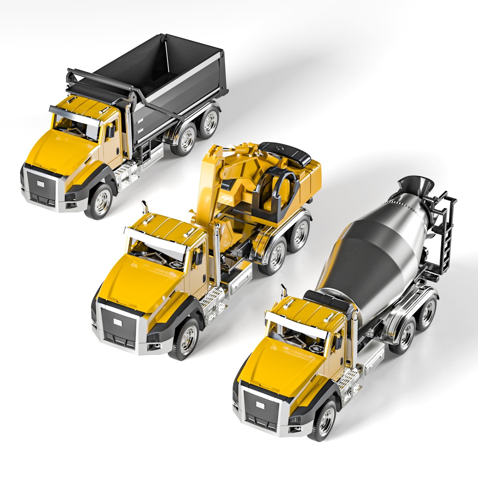 TEMI - Paquete de 3 vehículos de la construcción e ingeniería de metal fundido, camión volcador, excavadora, camión mezclador