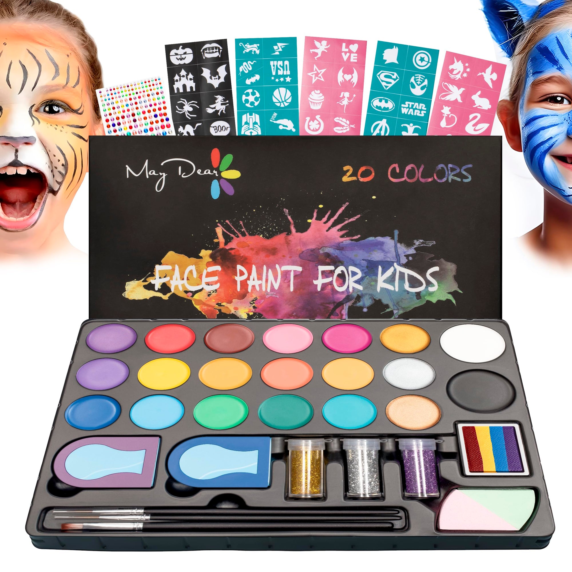 Maydear Kit de pintura facial para niños, paleta de maquillaje a base de agua de 20 colores