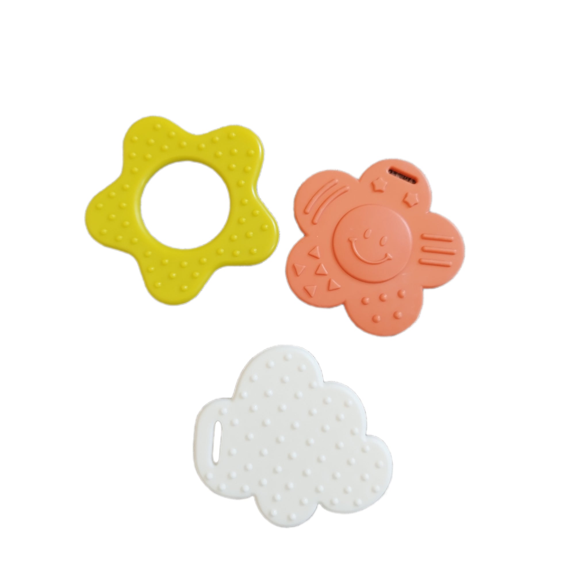 Set de 3 mordedores de silicona con formas de flores y estuche de plastico