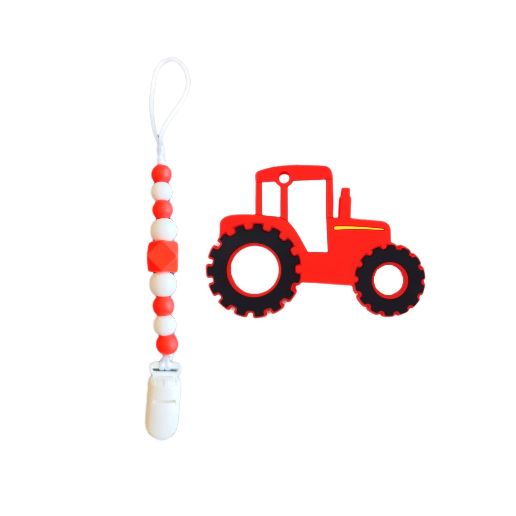 Juguete de silicona para bebé con diseño de tractor  rojo y clip