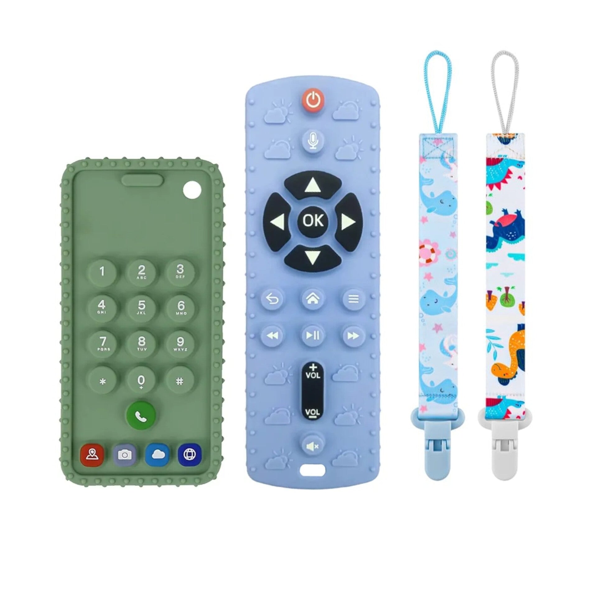 Set de 2 mordedores con forma de control remoto y 2 clips, azul