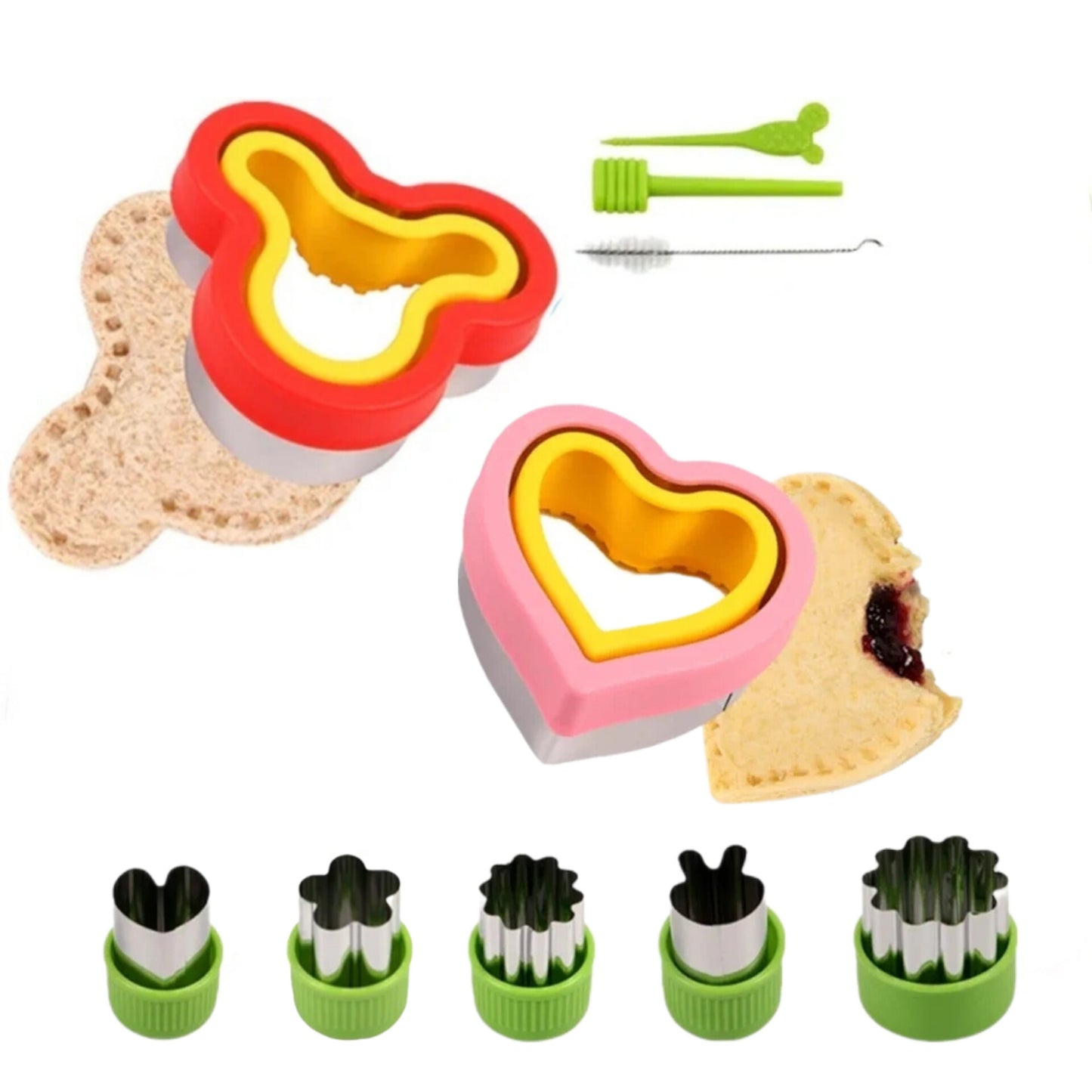 2 piezas de cortadores de sándwiches y sellador, y 5 cortadores de fruta y verdura
