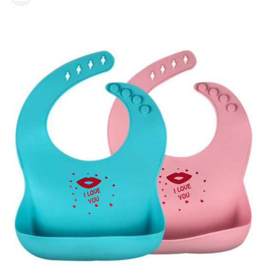 Baberos de silicona, I Love You, celeste y rosa