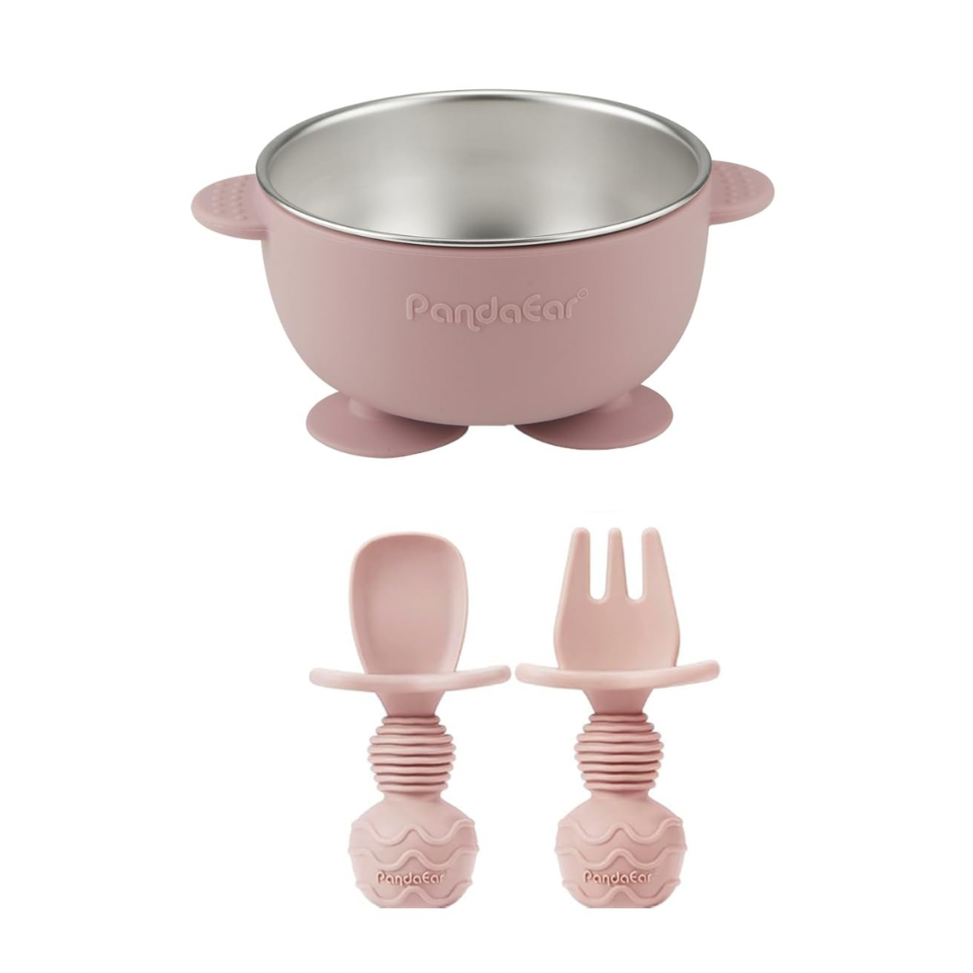Juego de 1 tazón de succión de acero inoxidable para bebés y 2 piezas de utensilios