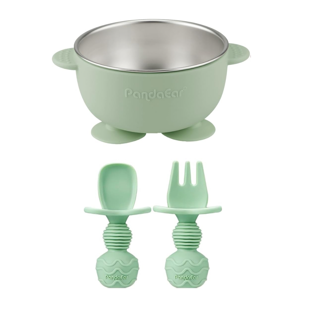 Juego de 1 tazón de succión de acero inoxidable para bebés y 2 piezas de utensilios, verde