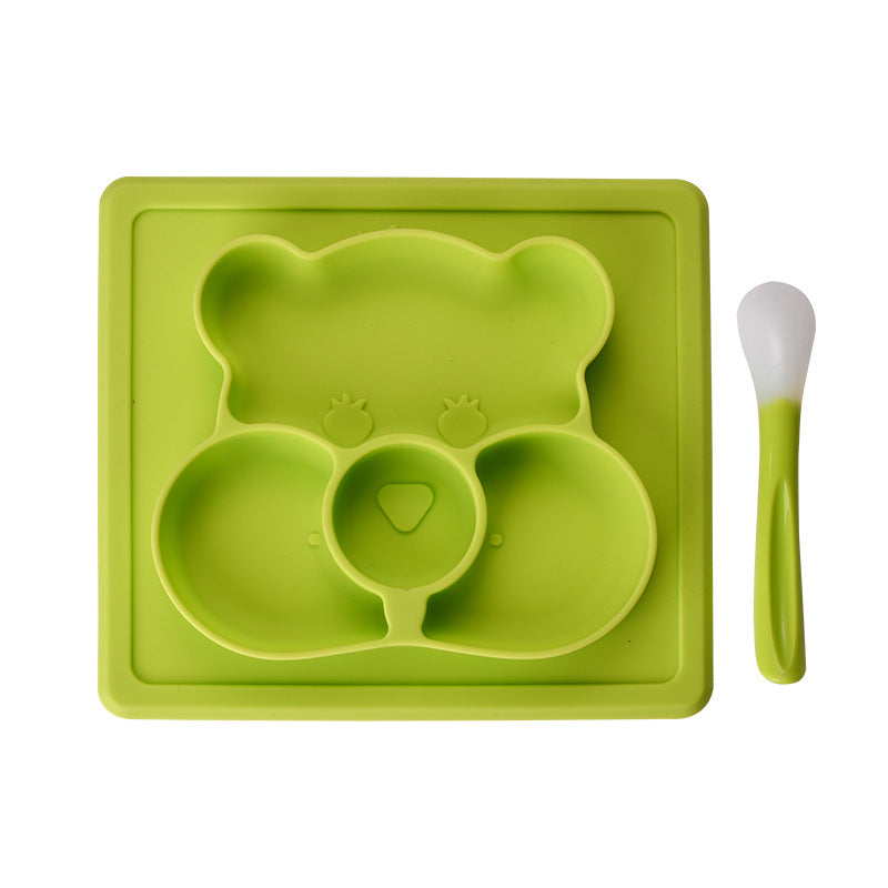 Individual de silicona para niños con ventosa dividida con cuchara, verde oso