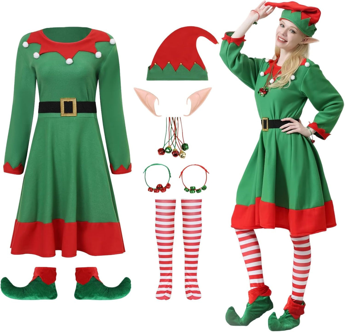 Disfraz navideño de elfa para mujer, talla M de adulto