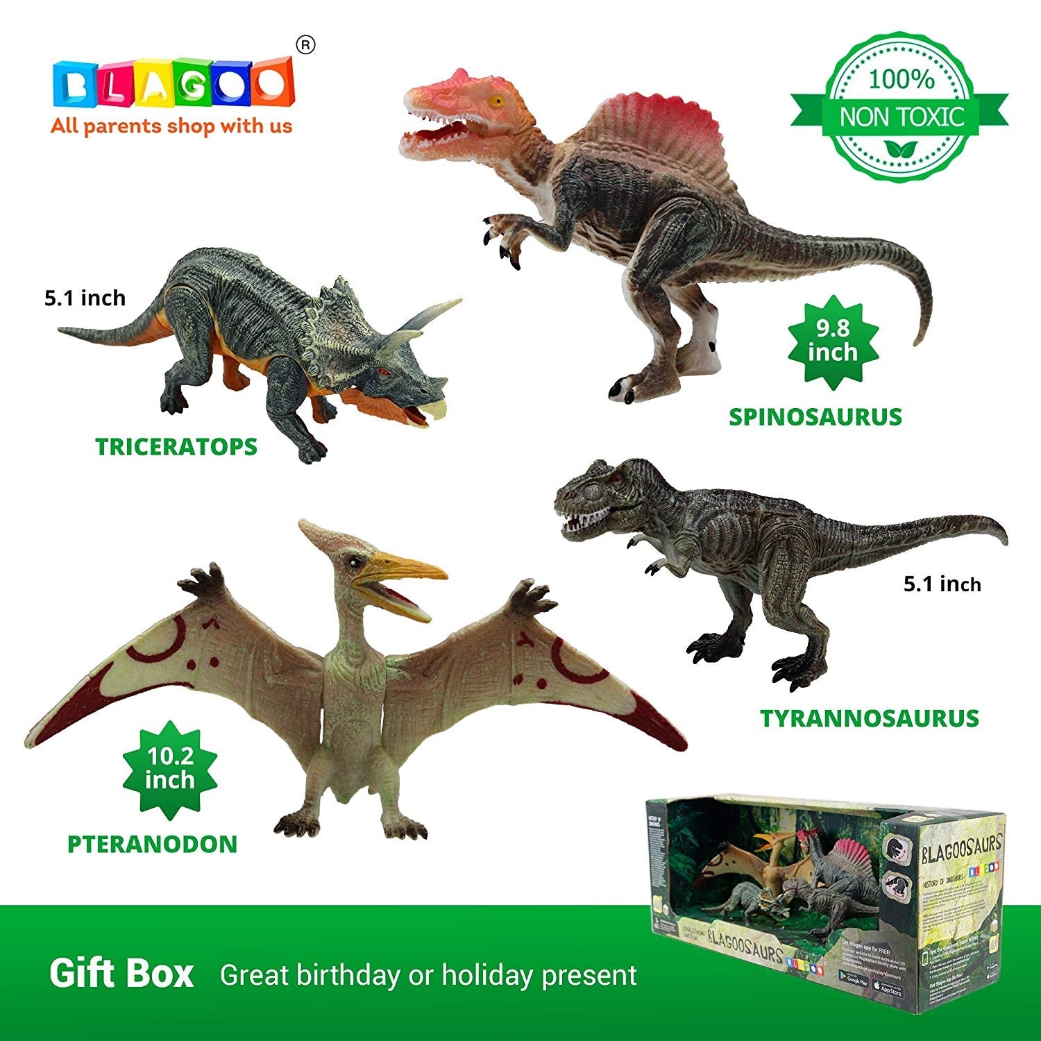 BLAGOO-Dinosaurios de juguete con piezas móviles 4 figuras de hasta 26 cm